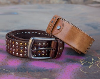 Leather belt in the Rocker style for men, original leather belt, Tooled Leather Belt with studded Pattern, Studded Belt Biker Rocker Style