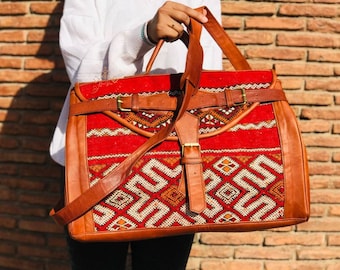 large kilim travel bag, Carpet Leather Weekend Bag, briefcase kilim duffel bag, boho carpet bag, rug duffel bags, Vintage Carpet bags.