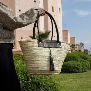 Moroccan Woven Palm Leaves Basket Bag With Leather Handles - Black ...