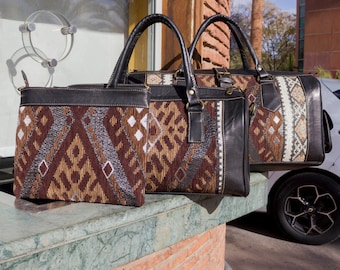 moroccan kilim leather travel weekend bag for men and women