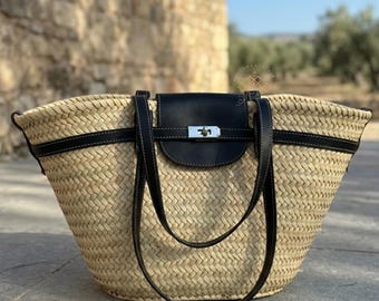 Large Black Straw Bag with Leather Handles, French Basket Tote, Handmade Moroccan Market Bag, Chic Boho Beach Bag, Summer Tote