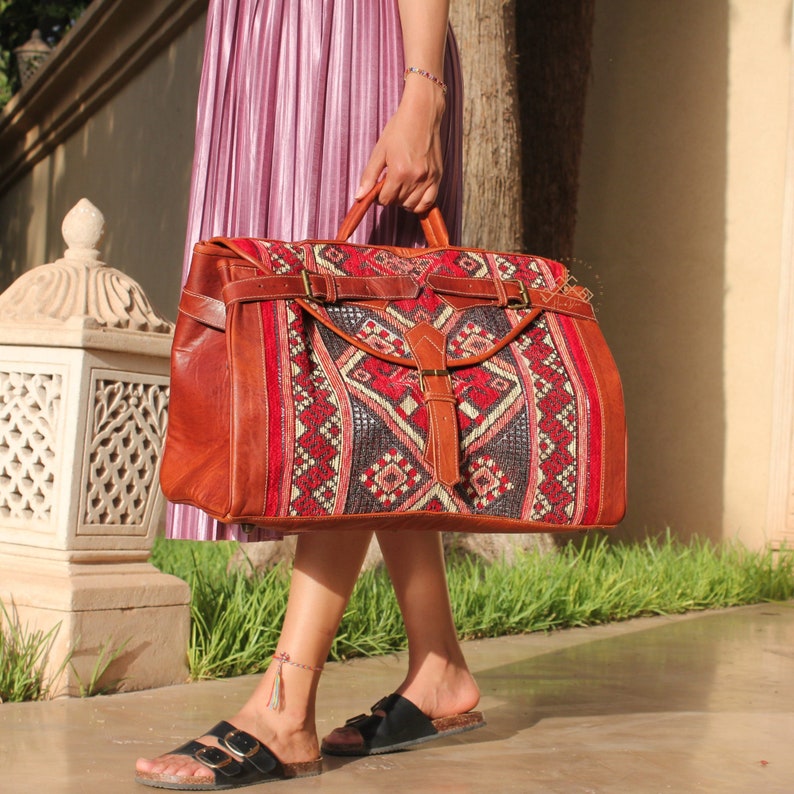 Personalized kilim travel bag, Carpet Leather Weekend Bag, briefcase kilim duffel bag, boho carpet bag, rug duffel bags, Gift for Her Brown