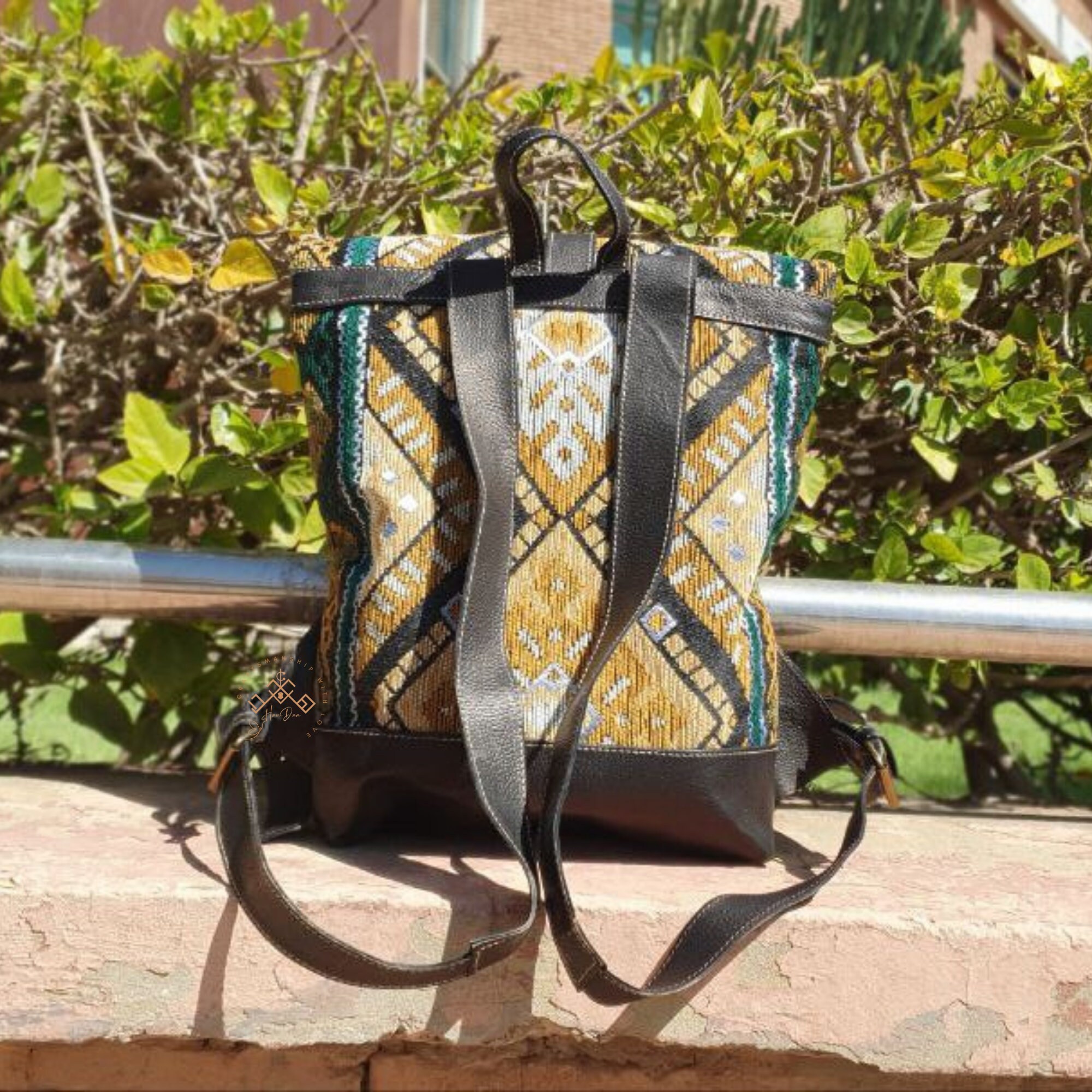 Handwoven Moroccan Kilim Carpet Large Backpack Leather Boho Hippie Western Leather Backpack Women , Bucket Backpack Purse, Moroccan  main image 3
