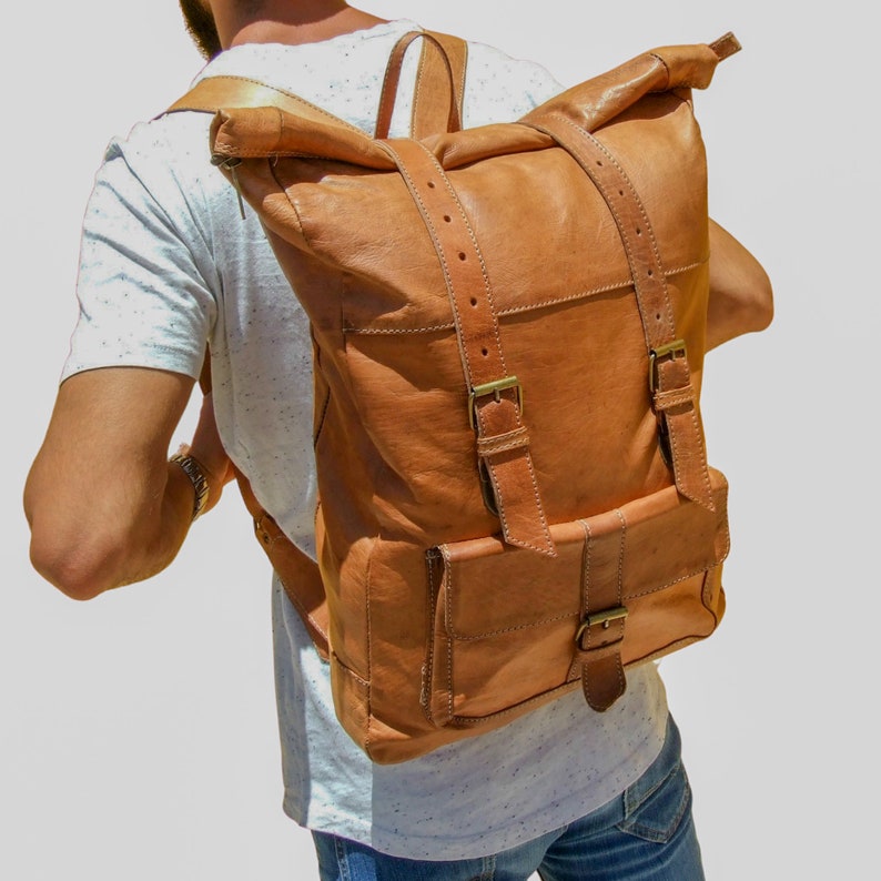 Roll Leather Backpack Men/ Leather Hiking Backpack for Men & Etsy