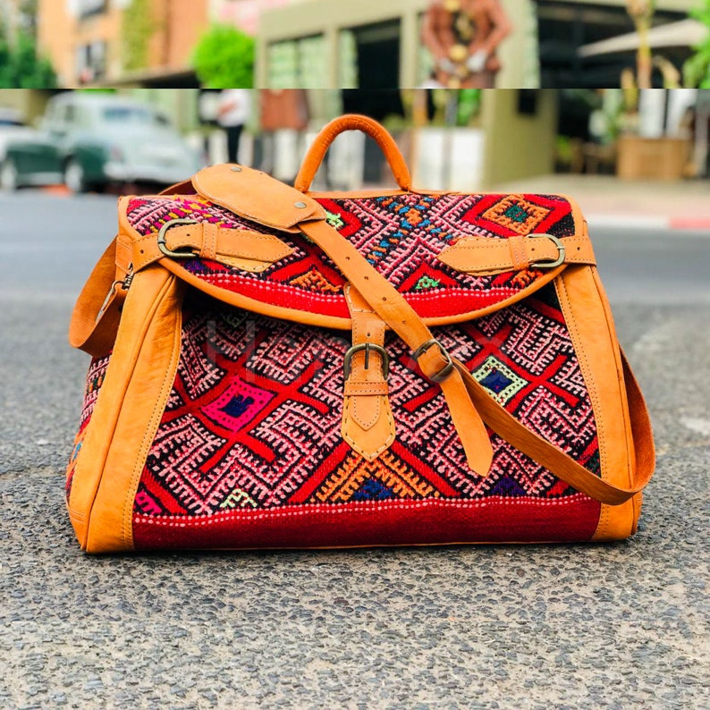 Large Kilim Travel Bag Carpet Leather Weekend Bag Briefcase Etsy