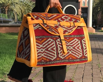 Large kilim travel bag, briefcase kilim duffel bag, kilim weekender bag, Carpet Leather Weekend Bag, boho carpet bag, Vintage Carpet bags