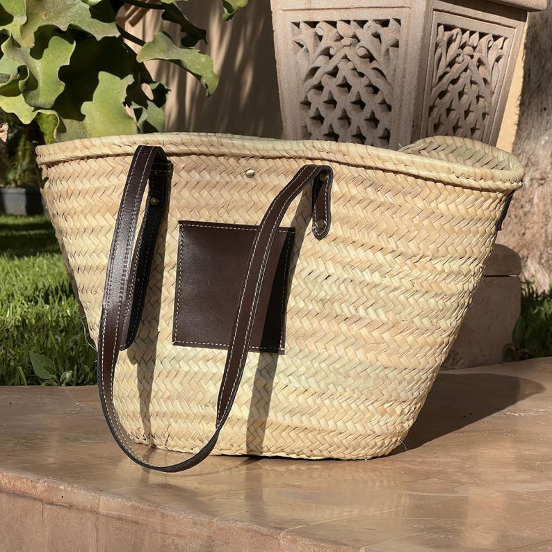 Handmade Large Straw French Baskets With Leather Straps, Straw Basket ...