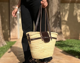 Handmade Large Straw French Baskets With Leather Straps, Straw