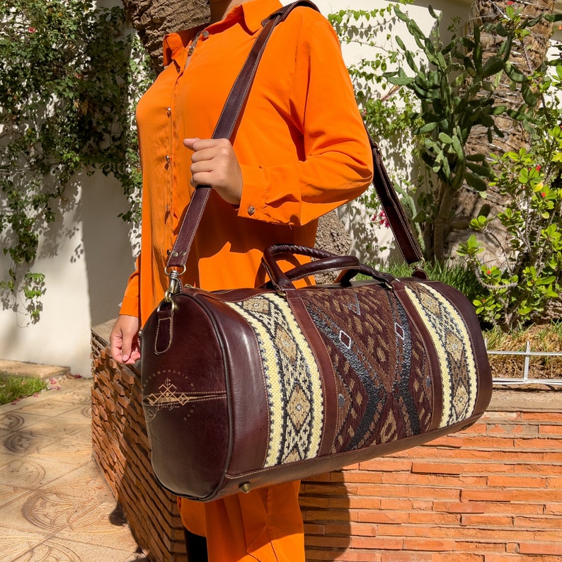 Cylindrical style kilim bag, Kilim Travel Bag, carpet Leather Travel Bag, tapestry weekend bag, Women's Overnight Bag, kilim travel handbag image 3