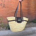 handmade large straw french baskets with leather straps, straw basket bag with leather handles, woven palm leaves basket with black handle