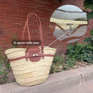 handmade large straw french baskets with leather straps, straw basket bag with leather handles, woven palm leaves basket with black handle image 6