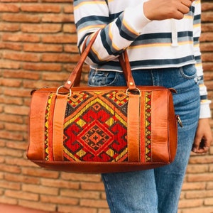 moroccan carpet leather cute Shoulder kilim Bag, Mini kilim handbag carpet leather boho weekend duffel bag for women