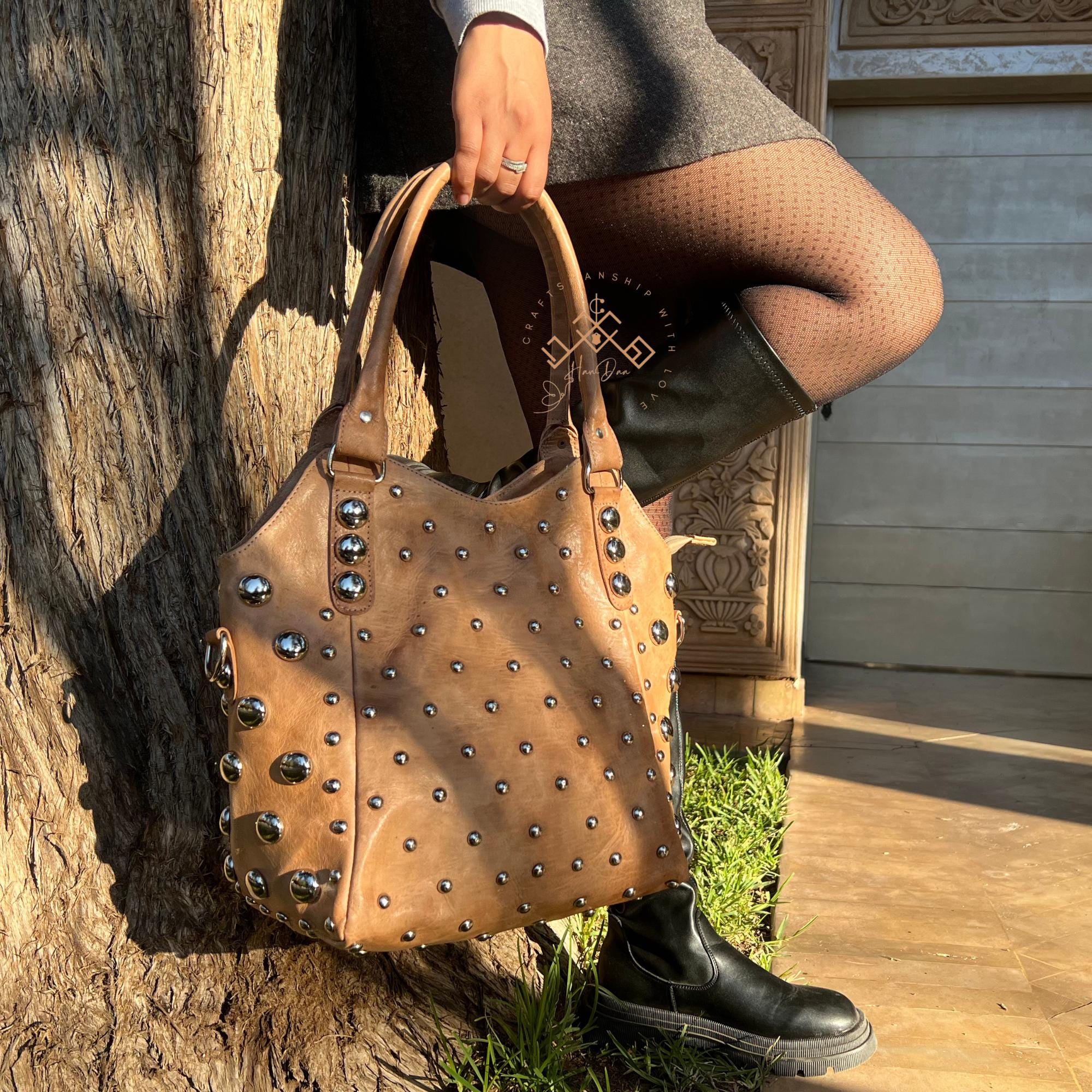 Handmade Polka Dot Leather Shoulder Bag, Rivet Studded Tote Bag for ...