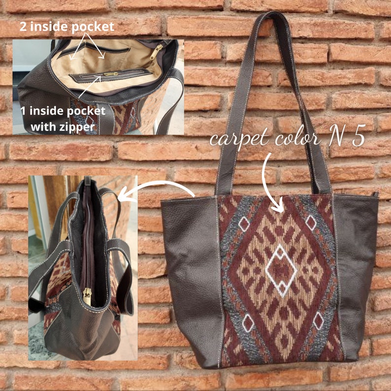 May include: Brown leather tote bag with a patterned fabric panel on the front. The fabric panel features a geometric design in shades of brown, white, and gray. The bag has two top handles and a zipper closure. The bag has two inside pockets, one with a zipper. "carpet color N 5" is written on the bag.