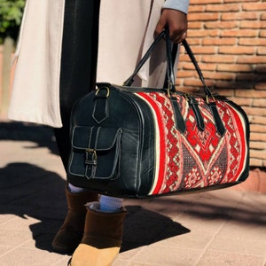 Kilim duffle travel bag, Moroccan Leather Kilim duffle Bag, Unisex Kilim Weekender Bag, Carpet leather Weekend duffel bag for women & men Black