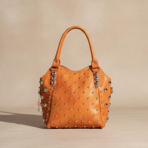 Personalized Studded Leather Shoulder Bag, Polka Dot Tote bags, Handmade Handbags with Rivet, Luxurious Leather Studded bags image 8