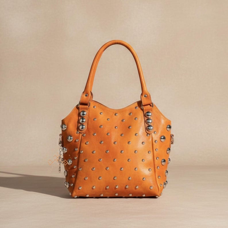 Personalized Studded Leather Shoulder Bag, Polka Dot Tote bags, Handmade Handbags with Rivet, Luxurious Leather Studded bags image 8