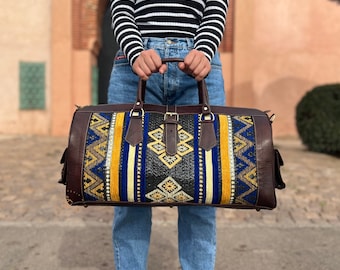 Leather kilim travel bag for women, kilim weekender bag, Carpet Leather Weekend Bag, briefcase kilim duffel bag, boho carpet rug duffel bags