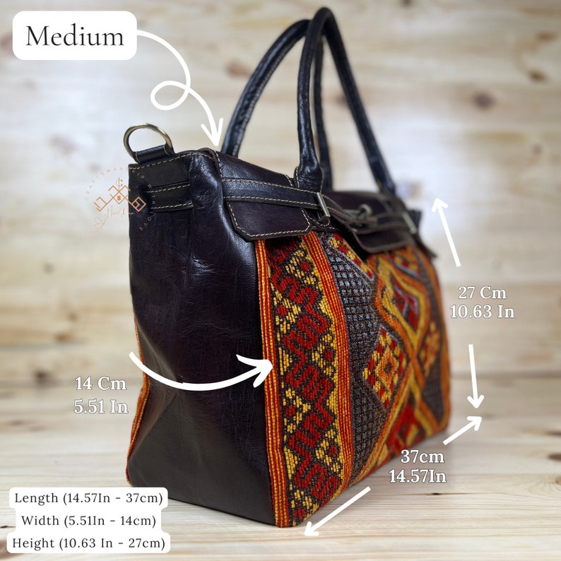 women kilim tote bag, moroccan carpet leather handbag, kilim travel handbag, kilim design red tote bag, carpet shoulder bag, Gift for her image 4