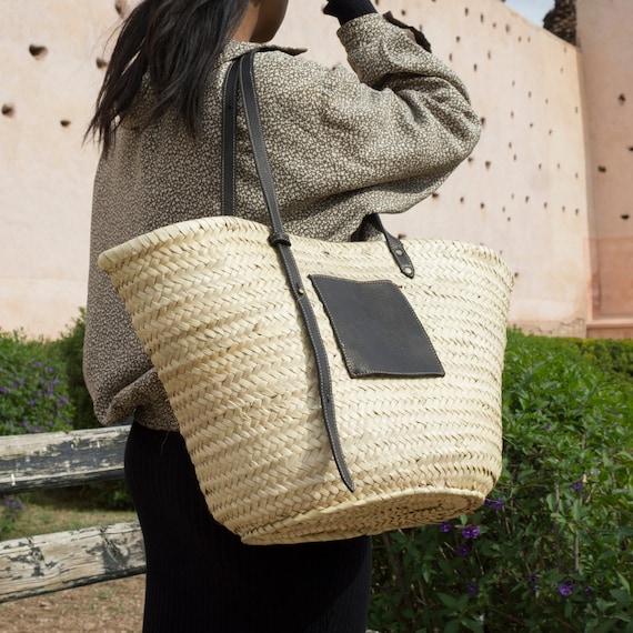 Straw Backpack with Long Leather Straps in Black