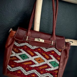 moroccan vintage style red kilim tote bag, women leather handbag, kilim travel handbag, kilim design red tote bag carpet shoulder bag image 10
