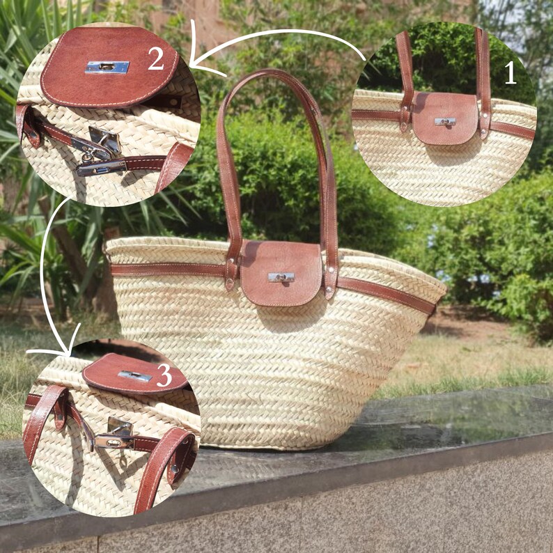 handmade large straw french baskets with leather straps, straw basket bag with leather handles, woven palm leaves basket with black handle image 9