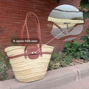 handmade large straw french baskets with leather straps, straw basket bag with leather handles, woven palm leaves basket with black handle image 5