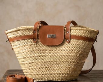 Straw Basket Bag with Leather Straps, French Market Basket, Handmade Moroccan Palm Tote, Boho Beach Bag, Summer Raffia Tote, Gift for Her