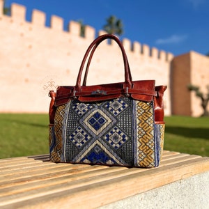 Handmade Kilim Shoulder Bag | Blue Carpet Bag Handles for Women | Kilim Leather Handbag Stylish carpet weekender leather Bag | gift for her