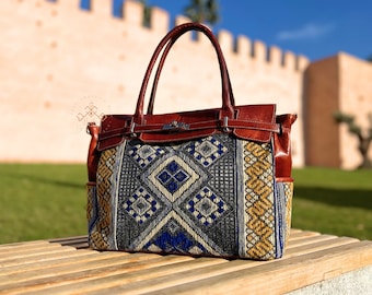 Handmade Kilim Shoulder Bag | Blue Carpet Bag Handles for Women | Kilim Leather Handbag Stylish carpet weekender leather Bag | gift for her