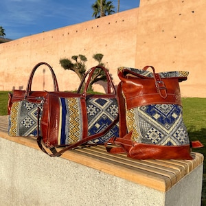 Handgefertigte Reise-Wochenendtasche aus marokkanischem Kelim-Leder | Schultertasche aus Kelim-Leder | Rolltop-Rucksack aus Kelim-Leder, Geschenk für Sie