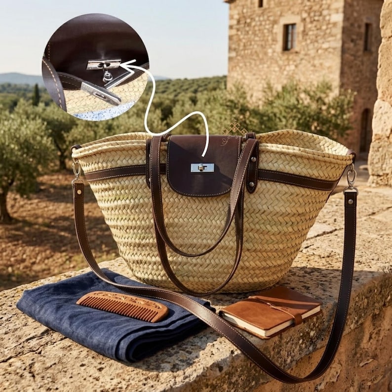 May include: A woven straw tote bag with brown leather detailing, a flap closure, and a detachable shoulder strap. The bag is open, revealing a glimpse of the interior. A blue cloth, a wooden comb, and a leather-bound notebook are next to the bag.