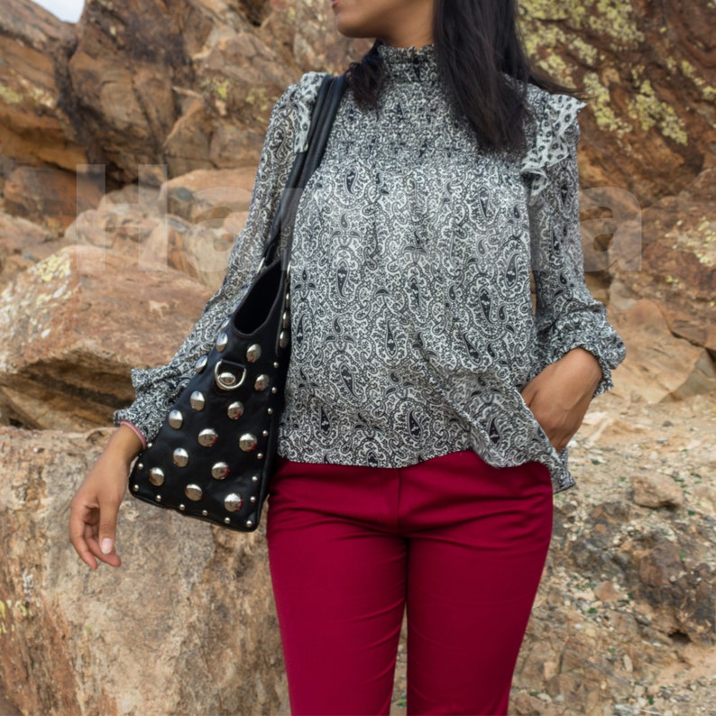 Polka dot Studded leather tote bag, polka dot leather shoulder bag, black silver studded bag, Studded leather handbag, luxurious tote bag. image 9