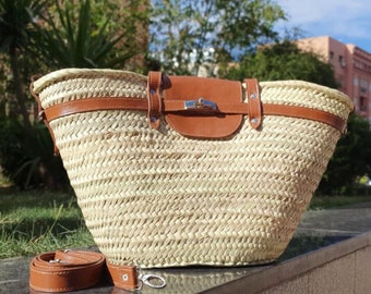 handmade large straw french baskets with leather straps, straw basket bag with leather handles, woven palm leaves basket with black handle