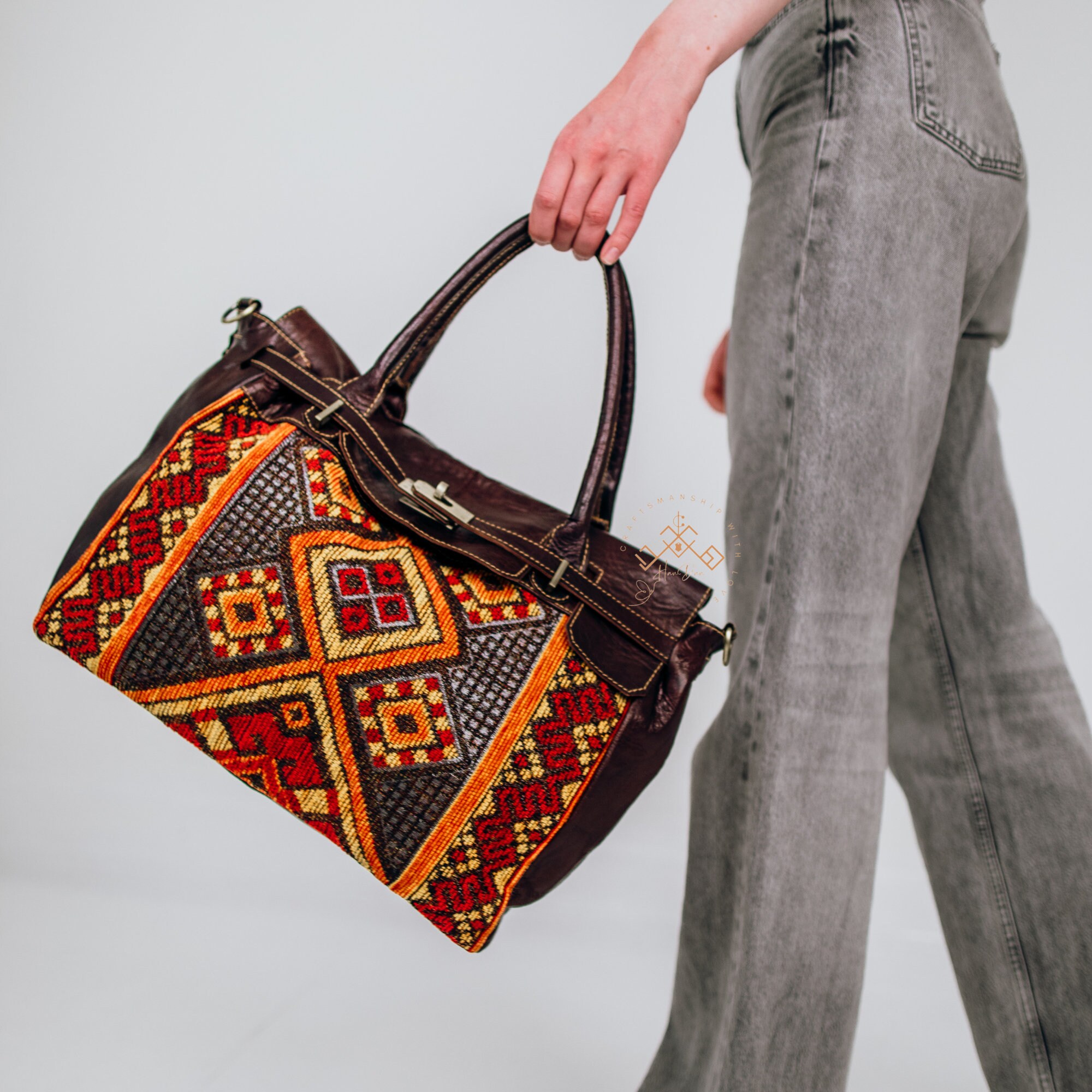 TheRow Cupid カシミア ケープ Women Kilim Tote Bag, Moroccan Carpet Leather Handbag, Kilim