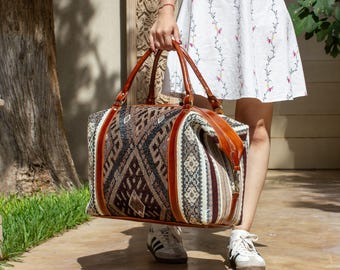 Personalized Leather Duffel Bag, Moroccan Carpet Weekender Bag, Handmade Carry On Travel Bag, Overnight Luggage, Gift for Women & Men