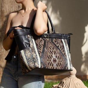 Personalized Black Leather Tote Bag, Moroccan Carpet Shoulder Bag, Handmade Work Tote, Genuine Leather Handbag, Gift for Women