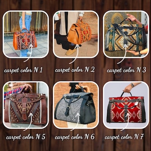 large kilim travel bag, Carpet Leather Weekend Bag, briefcase kilim duffel bag, boho carpet bag, rug duffel bags, Vintage Carpet bags. image 5