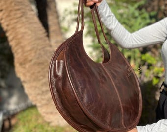 Oversized Round Leather Bag – Handmade Moroccan Circle Tote – Large Boho Shoulder Bag – Full Grain Leather Handbag for Everyday & Travel