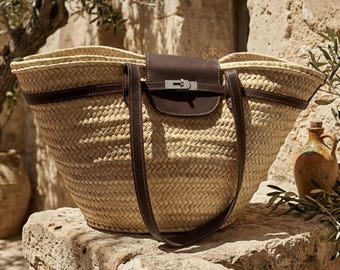 Straw Basket Bag with Leather Handles, Handmade French Market Basket, Large Woven Palm Tote, Moroccan Beach Bag, Boho Summer Tote Bag