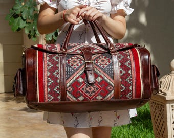 Personalized Leather Duffel Bag, Kilim Carpet Travel Bag, Kilim Travel Bag, Handmade Weekender Carry On Bag, Gift for Women & Men