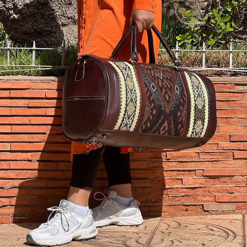 Moroccan kilm Travel Bag, Carpet Leather Duffel Bag, western duffel bag, Handmade Travel weekend bag, Overnight rug Bag, gift for her image 1