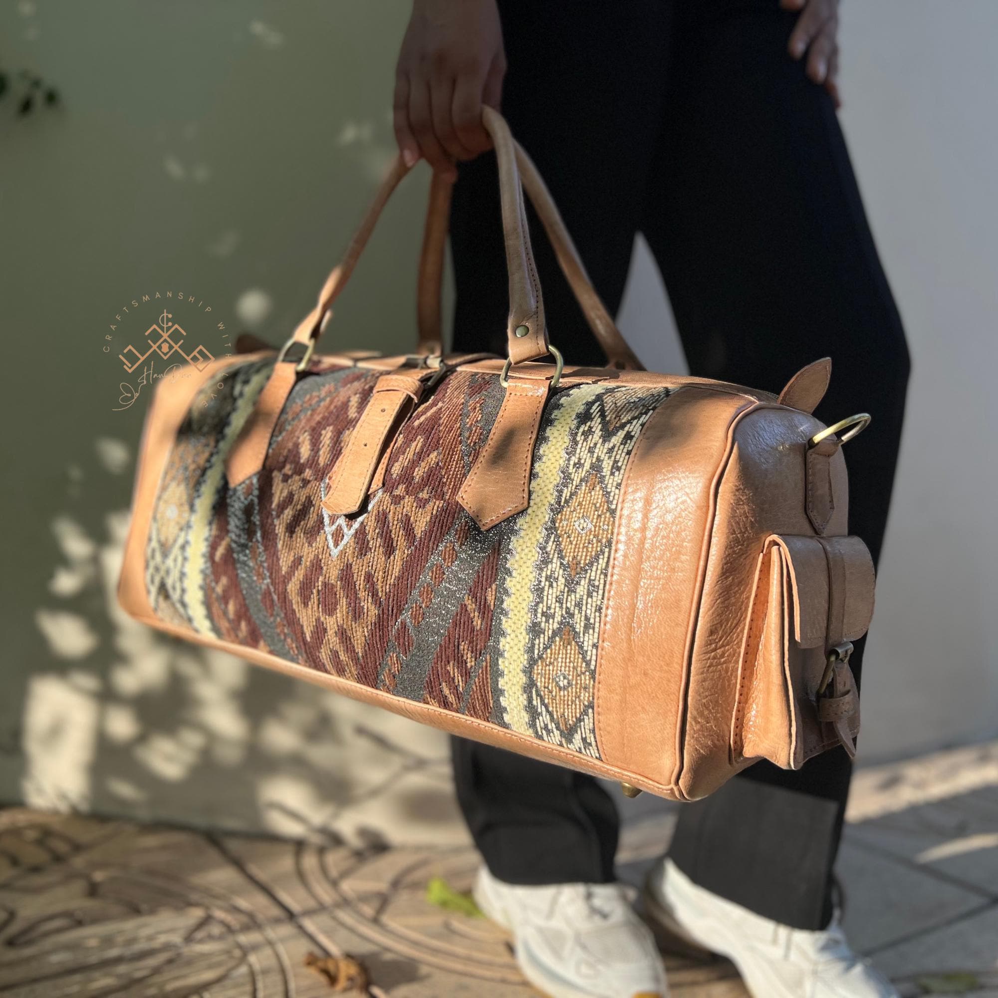 Moroccan Kilim Travel Bags Made of Original Leather for Women and