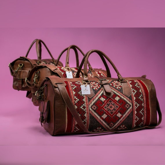 Carpet Leather Weekend Duffel Bag for Women Men Kilim Weekender