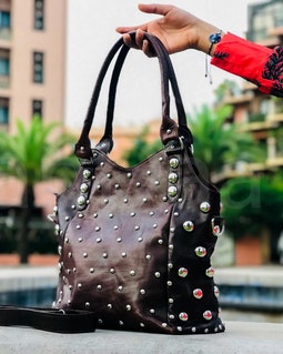 Polka Dot Studded Leather Tote Bag, Studded Leather Handbag 