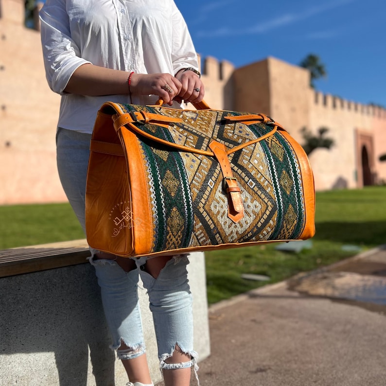 kilim travel bag, large custom carpet Princess-style travel bag for women, gift for her, boho Leather Weekend Bag, large kilim duffel bag image 8