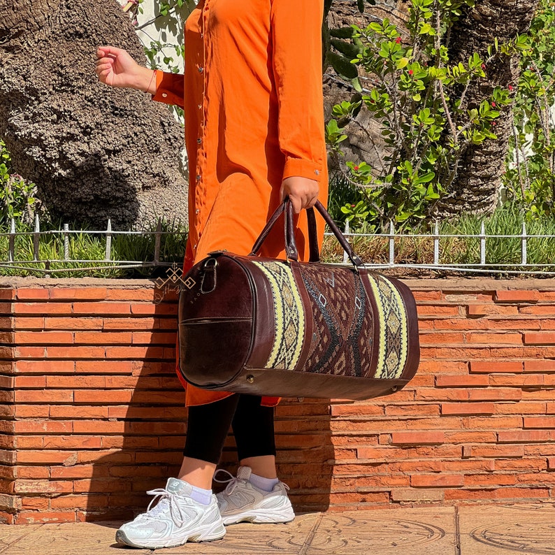 Cylindrical style kilim bag, Kilim Travel Bag, carpet Leather Travel Bag, tapestry weekend bag, Women's Overnight Bag, kilim travel handbag image 10