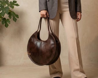 Personalized Soft Large Round Leather Shoulder Bag, Circle Handbag
