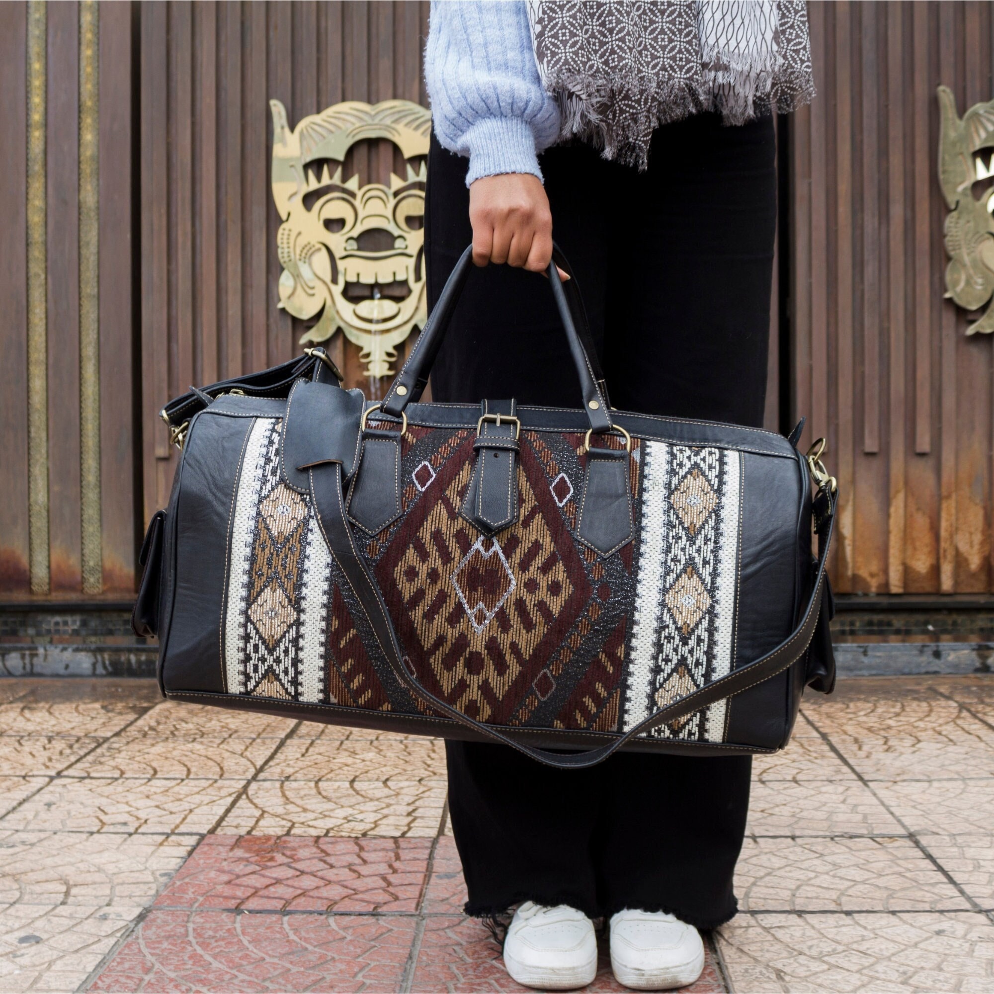 登坂広臣 ØMI CDL Faux Leather Travel Bag Moroccan Kilim Travel Bags Made of Original Leather for Women and