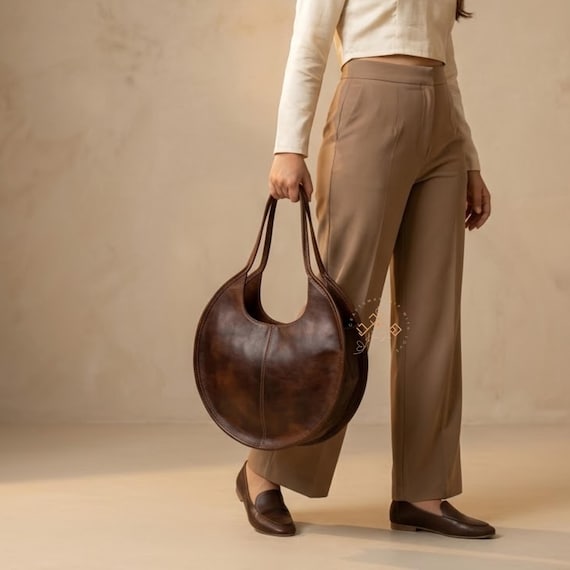 Oversized Round Leather Tote – Handmade Moroccan Bag – Large